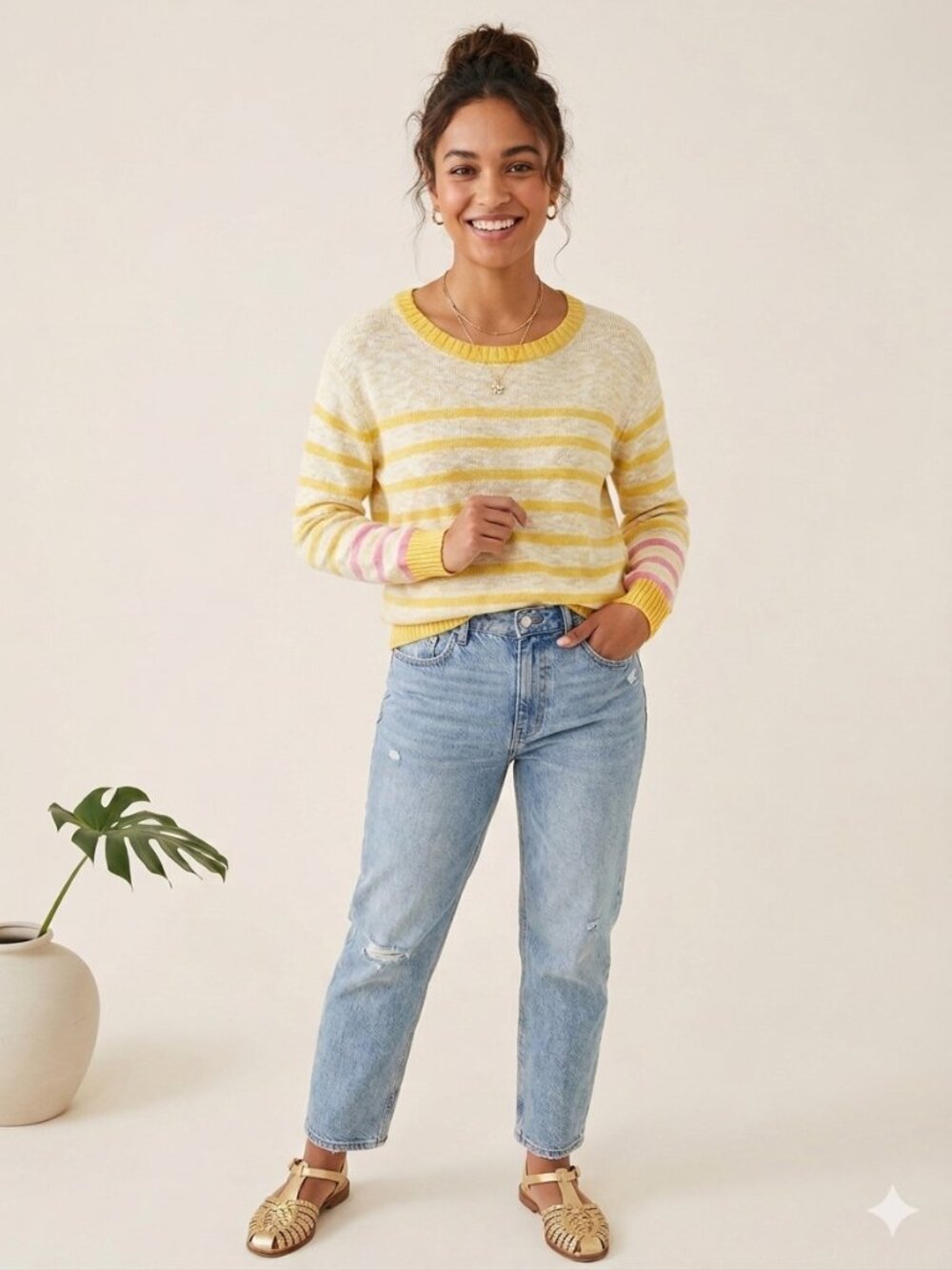 Cotton Country Parkhurst Knit Striped Cotton Sweater Womens M Spring Casual Pink
